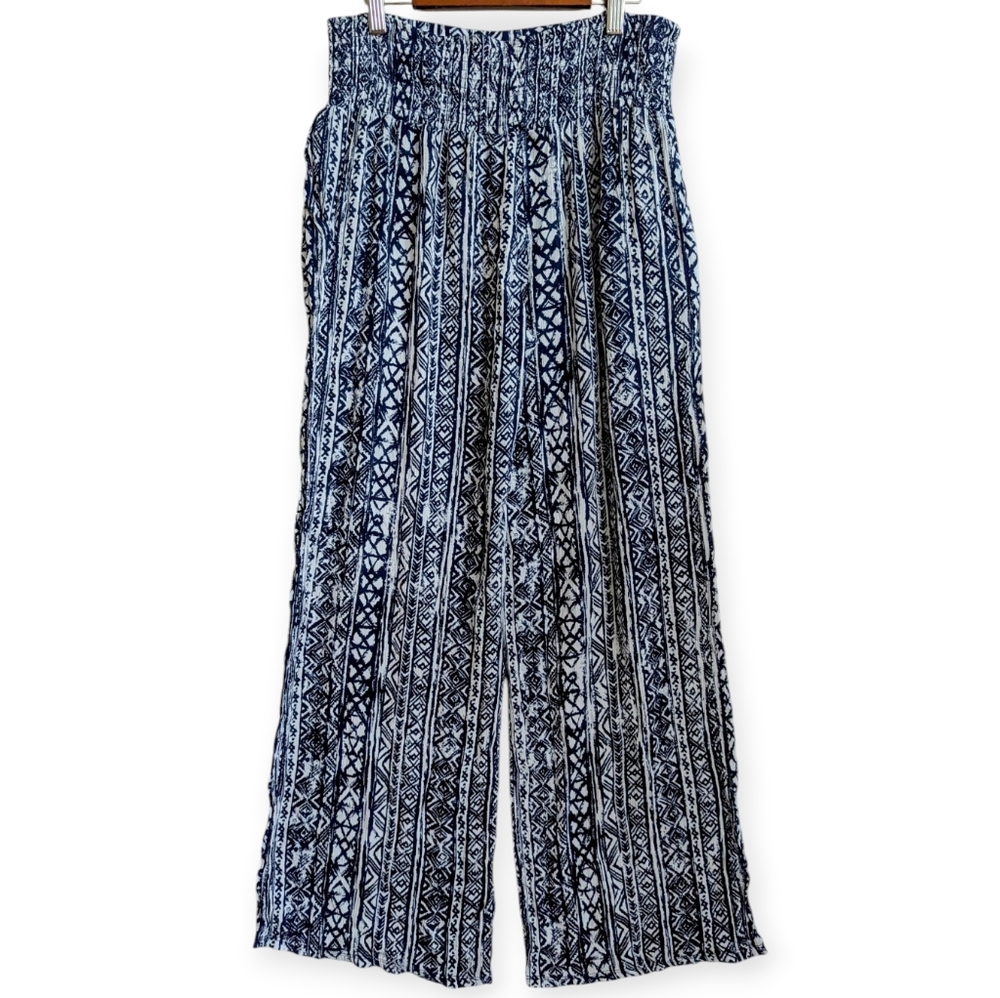 Three Dots Wide Leg Pant Blue White Print Pull On Sz Medium Pockets Lightweight - Picture 15 of 15